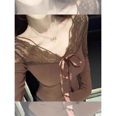 批发独特别致修身显瘦内搭长袖上衣<b class='q'>新款</b>纯欲风性感蕾丝边打底<b class='q'>女</b>秋冬