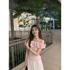 批发法式甜美风一字肩短袖衬衫女夏季收腰修身显瘦上衣