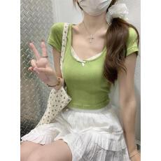 批发假两件蕾丝t恤女夏季设计感修身短款甜辣绿色上衣女