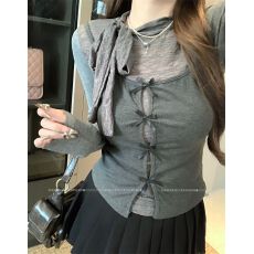 批发甜辣风<b class='q'>套装</b>女秋季灰色打底衫蝴蝶结上衣两件套