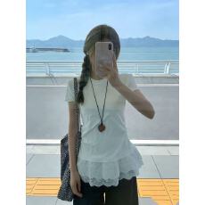 批发韩系蕾丝花边拼接下摆短袖t恤女夏季新款绝美<b class='q'>时尚</b>内搭气质上衣潮