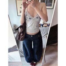 批发美式辣妹风V领烫钻蕾丝吊带背心女