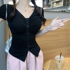 批发纯欲收腰<b class='q'>衬衫</b>褶皱设计感辣妹短袖夏显瘦<b class='q'>上衣</b>修身性感<b class='q'>T</b><b class='q'>恤</b><b class='q'>衬衣</b>女