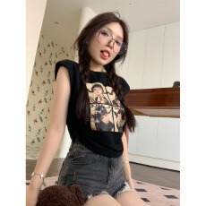批发辣妹无袖t恤女韩版垫肩印花短款背心上衣女
