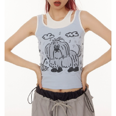 批发夏季雨天狗狗假两件<b class='q'>背心女</b>手绘涂鸭上衣女