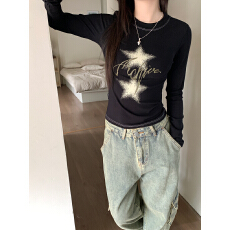 批发辣妹星星印花<b class='q'>长袖</b>T恤内搭短款设计感小众上衣