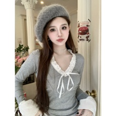 批发蕾丝木耳边长袖v领女<b class='q'>秋冬</b>季内搭上衣