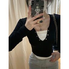 批发假两件内搭设计感撞色<b class='q'>长袖</b>修身短款上衣女