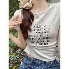 正肩纯棉t恤女夏季短袖甜辣风字母印花紧身收腰显瘦上衣女