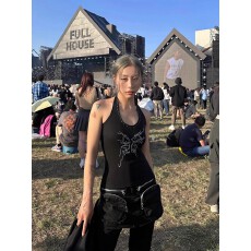 批发美式<b class='q'>街头</b>蝴蝶烫钻挂脖吊带背心辣妹风黑色修身显瘦上衣女
