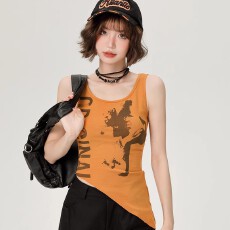 字母印花吊带背心天紧身显瘦方领设计时髦上衣