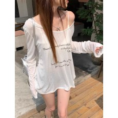 批发露肩宽松薄款防晒罩衫休闲上衣韩系慵懒风白色字母<b class='q'>长袖</b>T恤女