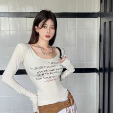 批发低圆领<b class='q'>长袖</b>内搭设计感修身纯欲风辣妹短款上衣女