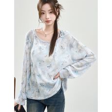 批发蓝色蝴蝶结绑带<b class='q'>长袖</b>T恤女夏季薄款防晒罩衫慵懒宽松别致上衣女