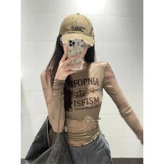 批发辣妹<b class='q'>长袖</b>t恤女秋季美式修身打底衫显瘦百搭印花网纱上衣