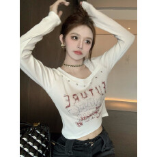 批发法式辣妹正肩<b class='q'>长袖</b>女印花设计显瘦短款上衣女