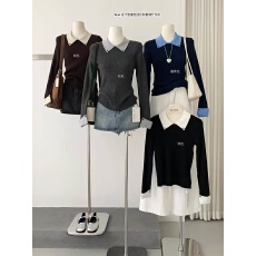 批发十三行2025秋装新款撞色拼接假两件针织衫女长袖修身显瘦<b class='q'>翻领</b>毛衣