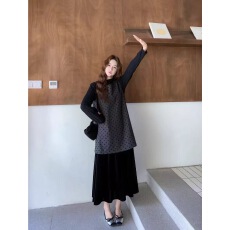 批发韩版新款气质复古宫廷风淑女波点设计背心<b class='q'>丝绒</b>拼接连衣<b class='q'>套装</b>裙