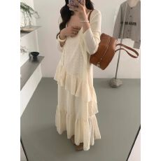 批发韩国东大门V领吊带连衣裙女钩花多层木耳边打底背心裙超仙气质夏