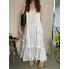 批发韩版夏季无袖吊带V领提花斜边层次感<b class='q'>连衣裙</b>女长裙内搭潮