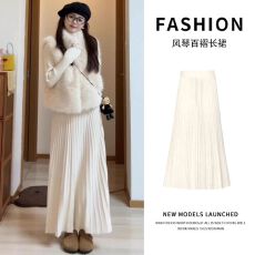 批发毛呢风琴百褶裙女秋冬季2025新款小个子高腰显瘦a字中长款半身裙