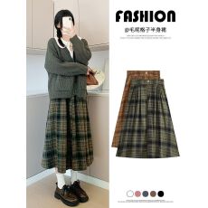 批发绿色格子半身裙女春秋2025新款高腰显瘦a字中长款毛呢小个子伞裙