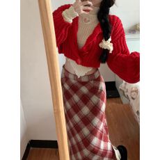 批发复古学院风毛呢格纹半身裙秋冬高级感显瘦直筒长裙