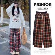 批发红色毛呢格子<b class='q'>裤</b>女冬季2025新款美式加绒直筒<b class='q'>裤</b><b class='q'>宽松</b>慵懒风阔腿卫<b class='q'>裤</b>