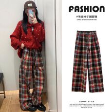 批发红色复古毛呢格子<b class='q'>裤</b>女秋冬2025新款<b class='q'>宽松</b>休闲慵懒风直筒加绒阔腿<b class='q'>裤</b>