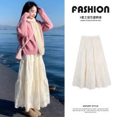 批发白色温柔风半身裙女秋冬新款重工提花蕾丝加绒加厚蓬蓬蛋糕长裙子