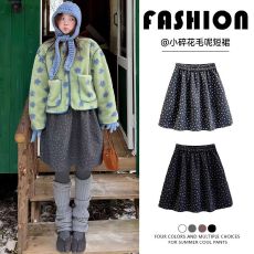 批发碎花毛呢花苞半身裙女秋冬2025新款显瘦a字松紧高腰蓬蓬五分短裙