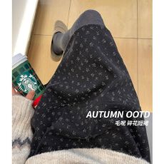 批发加厚毛呢碎花半身裙女秋冬复古a字短裙小个子日系蓬蓬花苞五分裙