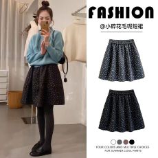 批发韩系小碎花毛呢短裙女秋冬季2025新款高腰a字显瘦五分花苞半身裙