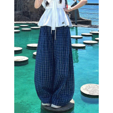 批发藏青色格子<b class='q'>裤</b>女夏季薄款小个子赵露思同款宽松<b class='q'>显瘦</b>直筒休闲阔腿<b class='q'>裤</b>