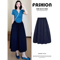 批发藏青色波点半身裙女夏季2026新款<b class='q'>胖</b><b class='q'>mm</b>高腰显瘦休闲中长款a字裙子
