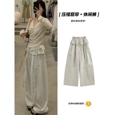 批发灰色假两件屁帘百褶抽绳阔腿裤<b class='q'>女</b>夏2026新款荷叶边宽松显瘦<b class='q'>休闲裤</b>