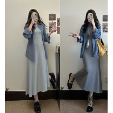 批发实拍新款~大码连衣裙早秋慵懒风套装衬衫两件套背心长裙<b class='q'>春</b>秋胖MM