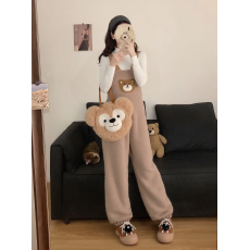批发实拍新款~秋冬季软萌可爱羊羔加绒加厚小熊<b class='q'>背带裤</b>套装女<b class='q'>大码</b>胖MM