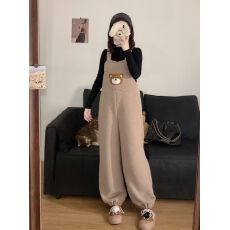 批发实拍新款~秋冬季软萌可爱羊羔加绒加厚小熊<b class='q'>背带裤</b>套装女<b class='q'>大码</b>胖MM