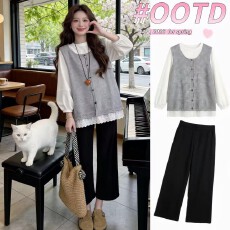 批发实拍新款~<b class='q'>春</b>季纯棉休闲宽松长袖蕾丝拼接针织马甲宽松大码胖MM女