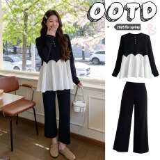 批发实拍新款~春<b class='q'>装</b>时尚洋气法式大码胖MM压褶娃娃衫<b class='q'>上衣</b>春秋两件套<b class='q'>装</b>