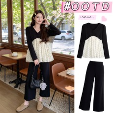 批发实拍新款~春<b class='q'>装</b>2026新款时尚波点荷叶边<b class='q'>上衣</b><b class='q'>裤</b>子两件套大码胖MM女