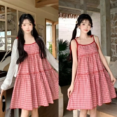 批发实拍新款~夏季胖MM大码女小清新甜美减龄格子吊带裙防晒披肩显瘦