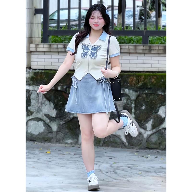 RY5801# 优质新款~大码百搭胖MM修身收腰遮肉印花蝴蝶上衣牛仔半裙两...