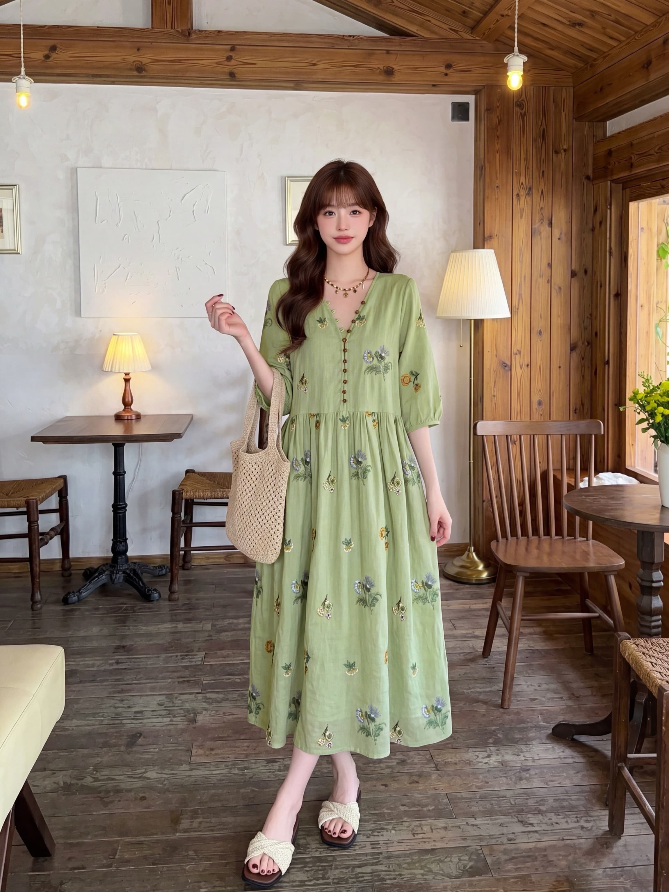 RY5798# 实拍新款~法式气质绿色碎花百搭连衣裙女夏季长裙胖MM大码女...