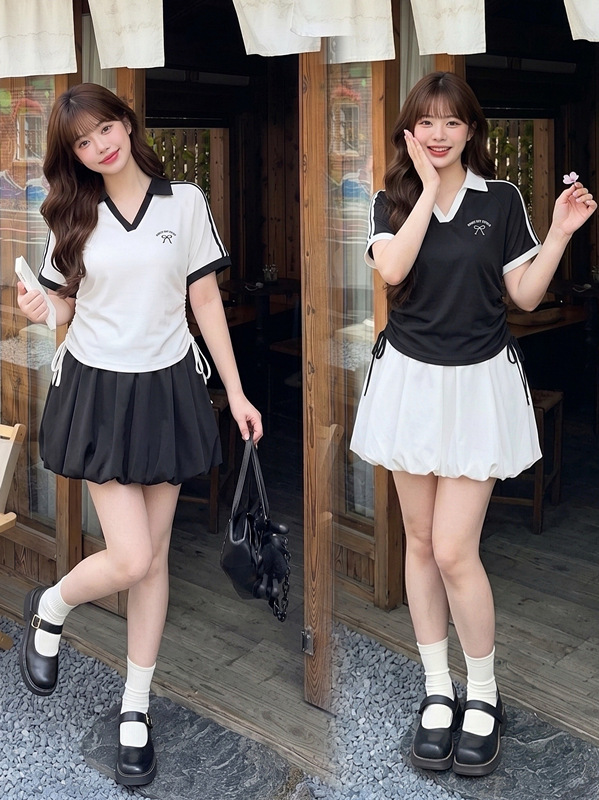 RY7081# 实拍新款~设计感美式学院风胖mm抽绳收腰显瘦短袖半身裙两件套装