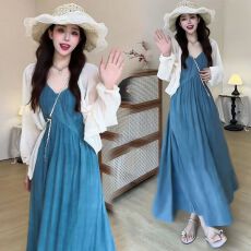 批发新款现现~夏装V领大码宽松<b class='q'>胖</b><b class='q'>MM</b>连衣裙子冰丝凉感防晒开衫两件套装