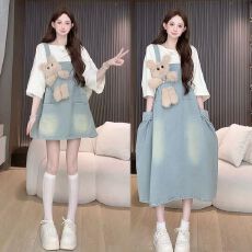 批发新款现现~大码时尚新款显瘦套装女夏短袖上衣背带裙<b class='q'>胖</b><b class='q'>MM</b>两件套装