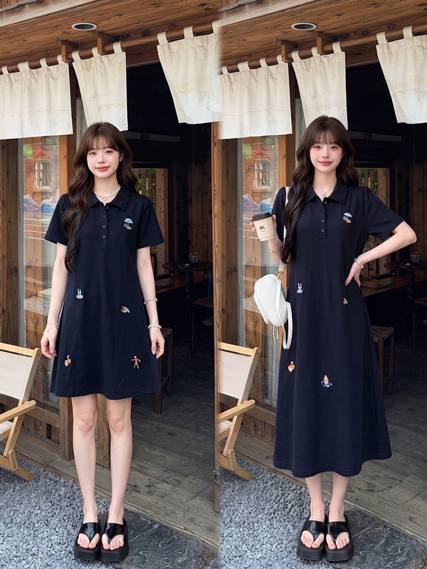 RY7323# 新款现现~新款短袖连衣裙女夏季胖mm收腰显瘦polo领刺绣...