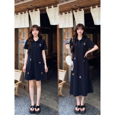 批发新款现现~新款短袖连衣裙女夏季<b class='q'>胖</b><b class='q'>mm</b>收腰显瘦polo领刺绣百搭裙子